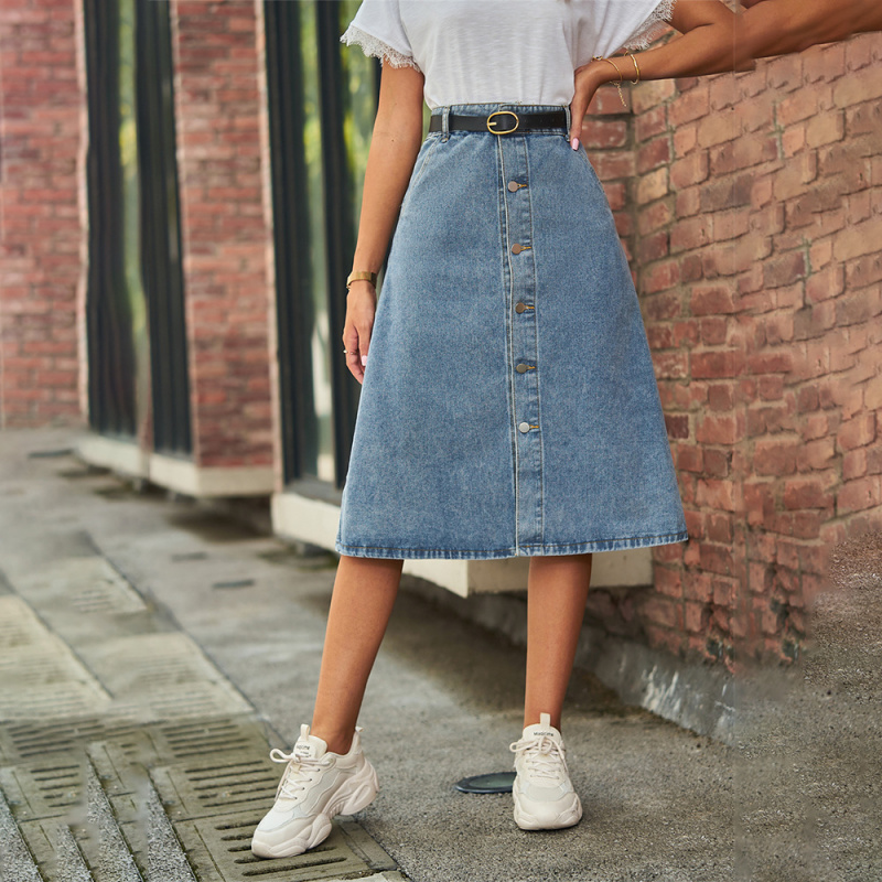 A-Line Skirt Midi - 다용도 슬리밍 워싱 데님 원버튼 미디