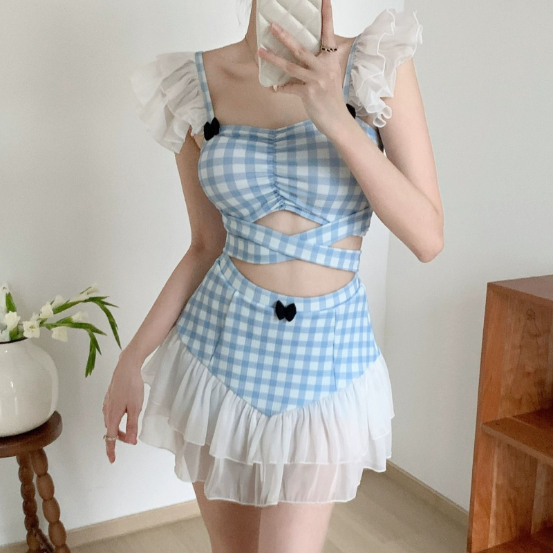 Women Fashion Korean - 숙녀 슬리밍 홀터넥 수영복 귀여운 리본
