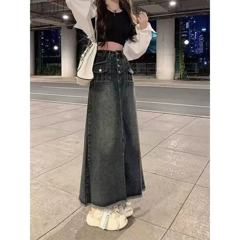 A-Line Skirt Midi - 하이웨이스트 A라인 미디 데님 스커트 여성