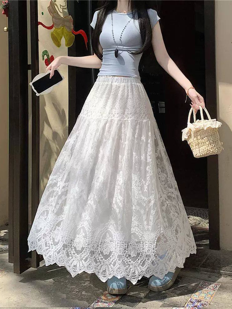 A-Line Skirt Midi - 플러스 사이즈 여성용 하이웨이스트 레이스 훅