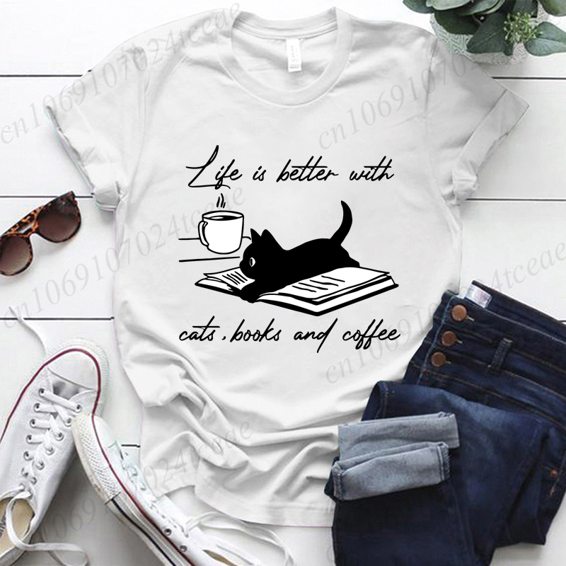 Women Fashion Quotes - 고양이, 책 및 커피 Tshirt와 함께