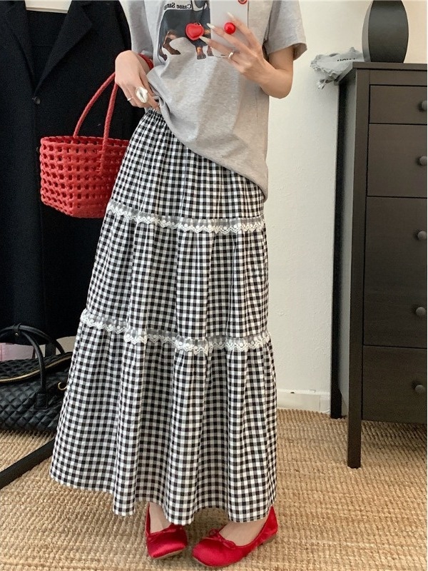 A-Line Skirt Midi - 플러스 사이즈 스위트 레이스 체크 하이웨이스트