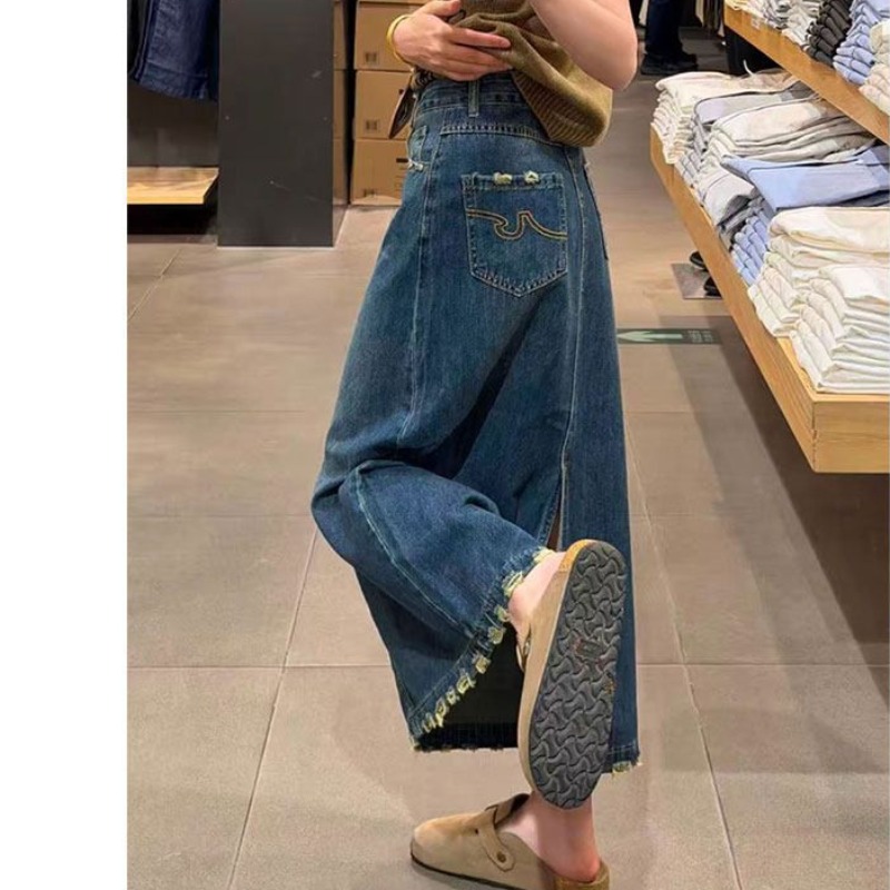 A-Line Skirt Midi - 러플 밑단 자수 데님 스커트 여성용