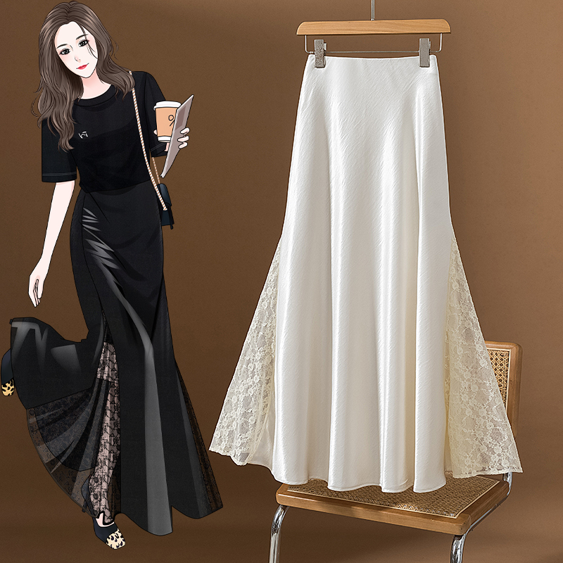 A-Line Skirt Midi - 세련된 레이스 스플라이스 피쉬테일 미디 스커트